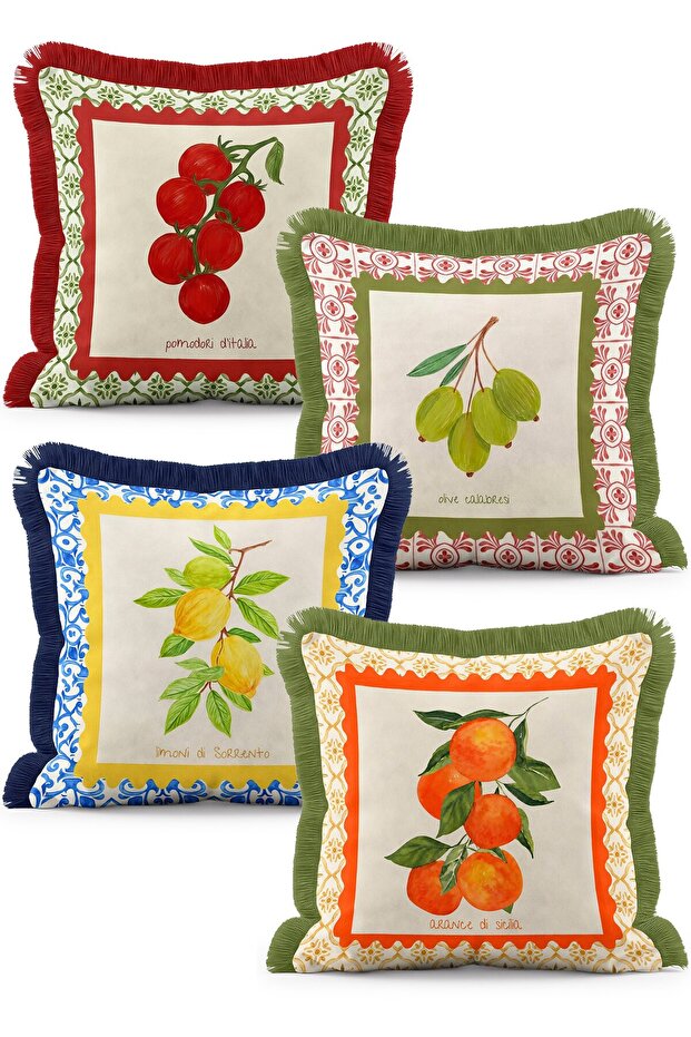Mediterranean Fruits and Italian Tile Pattern 4-Piece Fringed Cushion Cover Set
