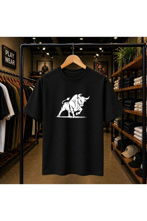 Shadow Angry Bull Printed 100% Cotton Oversize Loose Regular Fit Crew Neck T-Shirt