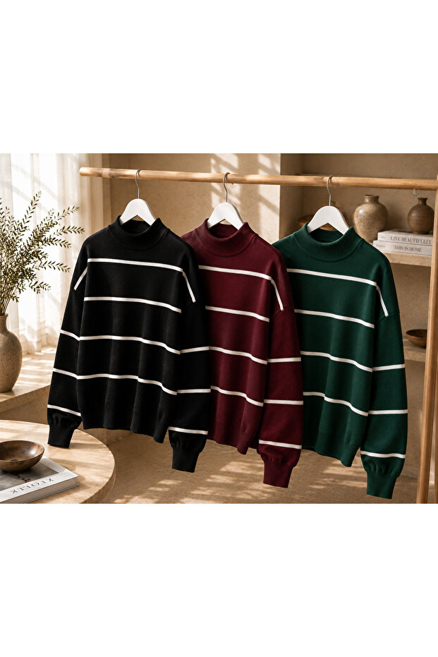 Women's 3-Piece Striped Knitwear Sweater Oversize Loose Design