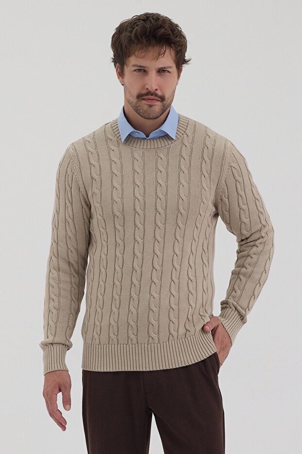Pales Men's Light Mink Hair Braided 100% Cotton Crew Neck Sweater
