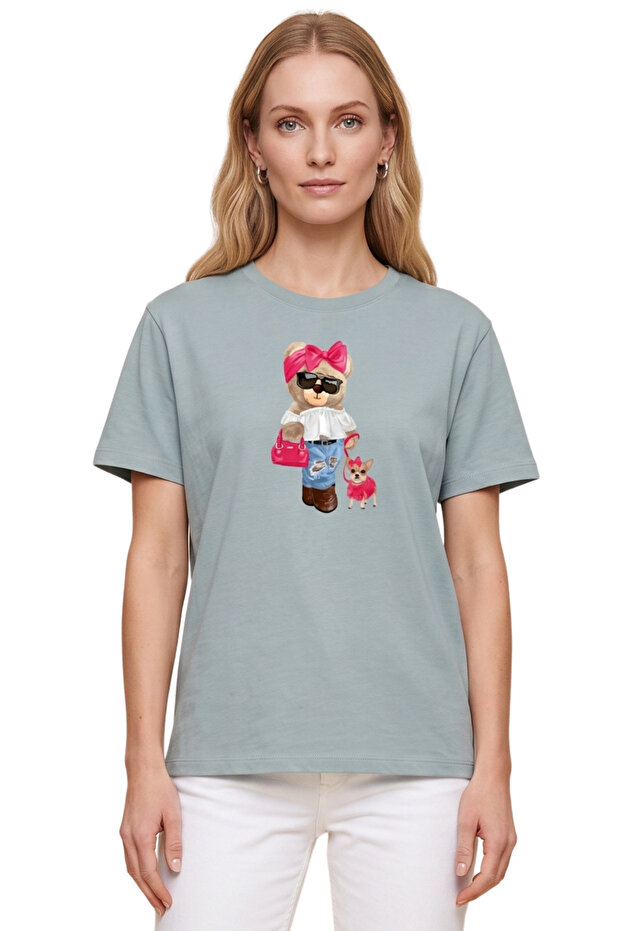 Women's Mint Bowknot Teddy Bear and Dog Printed T-Shirt 100% Cotton Comfortable Fit