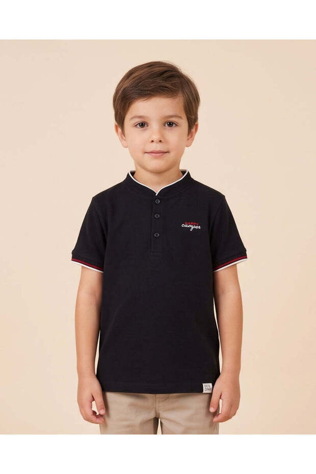 Boys Black Embroidered Logo Mandarin Collar Polo Shirt