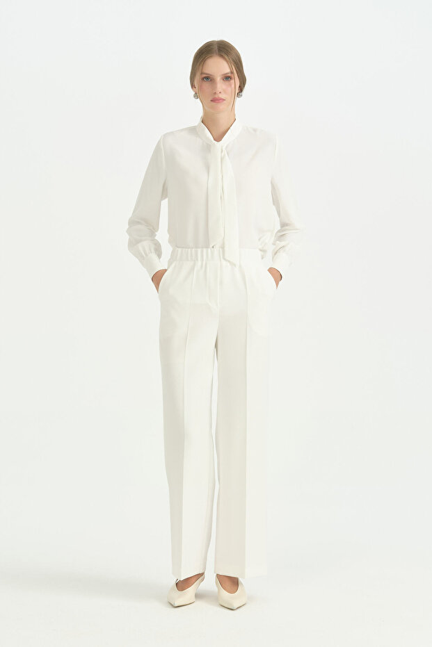 Elastic Waist High Waist Trousers - Ecru