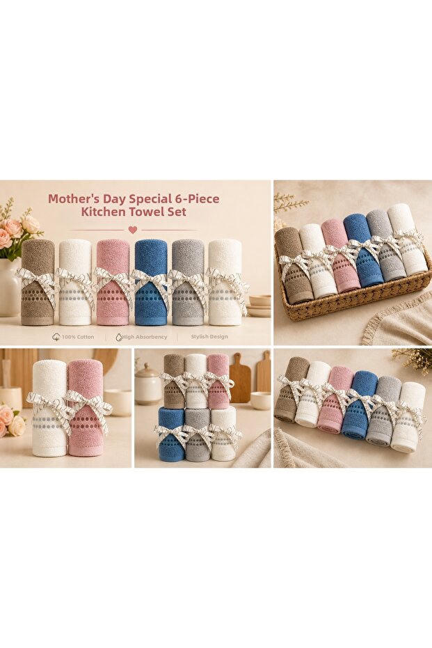 6-Piece Kitchen Towel Set 30X50 cm Cotton Viscose High Absorbent Soft Textured Colorful Kitchen Towel Set Mother's Day Gift