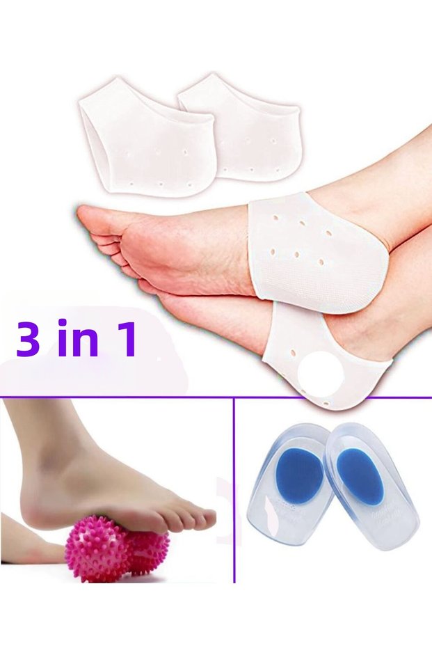 Men's Heel Crack and Heel Spur Set - Heel Socks, Massage Ball, and Silicone Heel Pads All in One