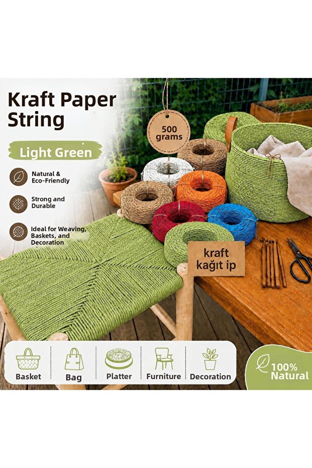 Kraft Yarn, Light Green Color, Bag Basket Knitting Yarn, 3mm 500 Grams