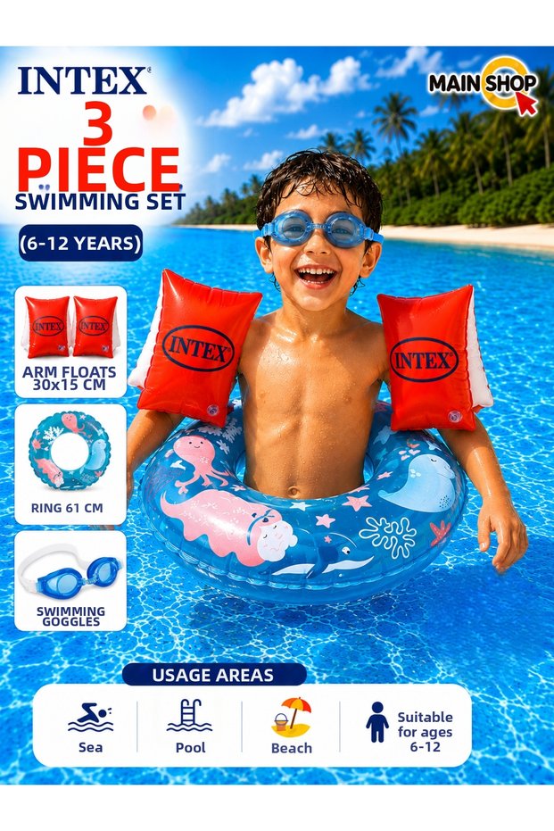 Intex 3-Piece Children's Sea Pool Swimming Set - Transparent Printed Swim Ring 61 Cm, Red Armbands and Swimming Goggles 6-12 Years M- M-59242-3Set