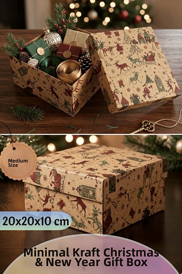 New Year & Christmas Gift Box - Kraft Christmas Patterned Gift Box - 1 Piece (20X20X10 cm)