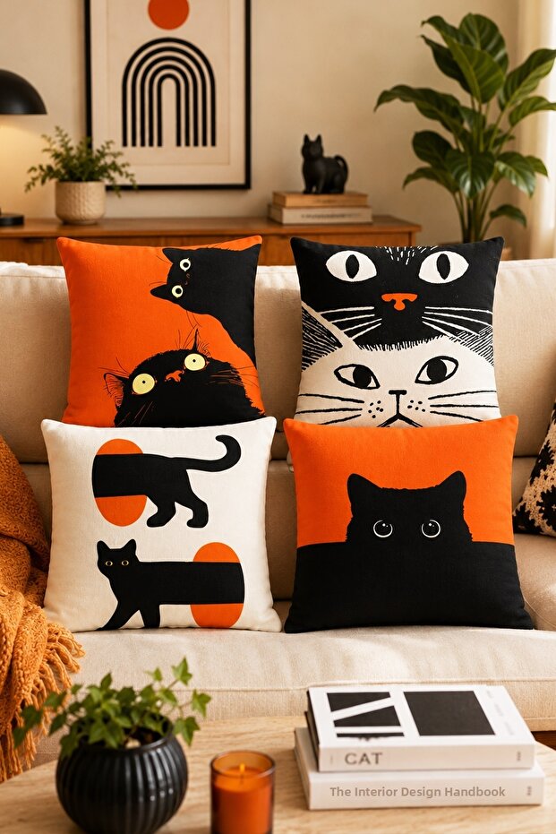 Set of 4 Patterned Throw Pillow Covers with Watching Cats