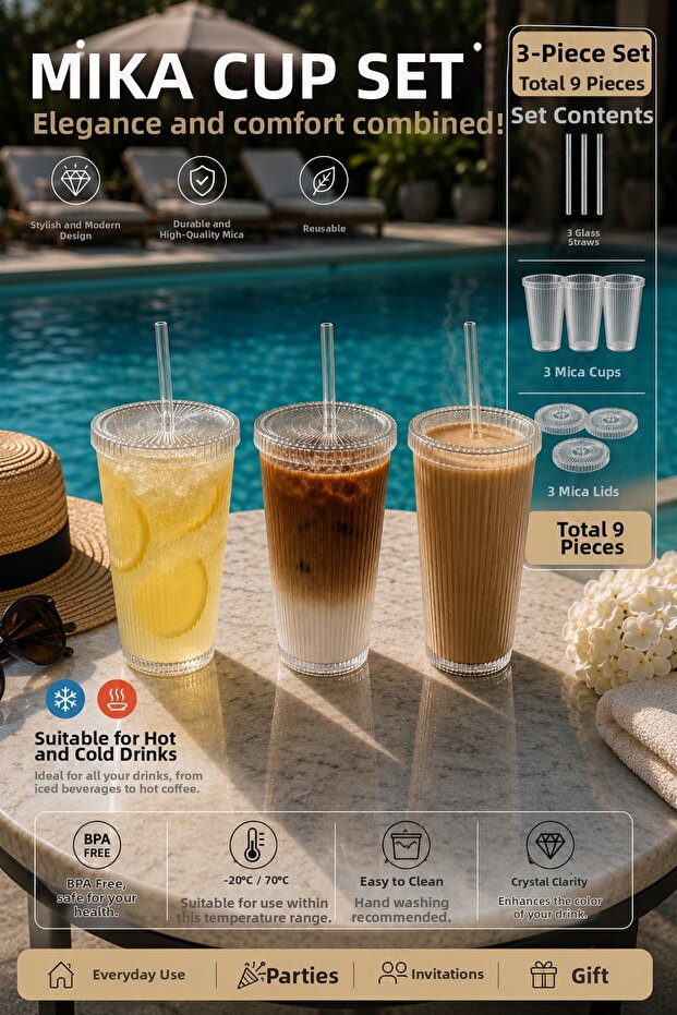 3 Pieces Mi̇ka 600 ml Mica Cup with Lid and Straw in Origami Style | Presentation Cup Soft Drink Cup
