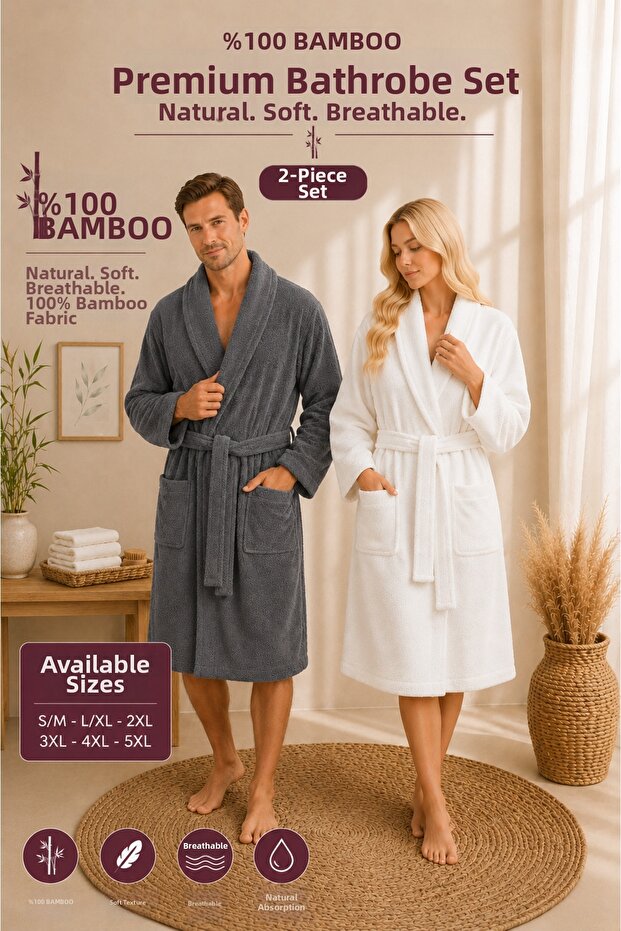 Bamboo 2 Pieces 100% Bamboo Shawl Collar Adult Bathrobe Set / Dowry Set