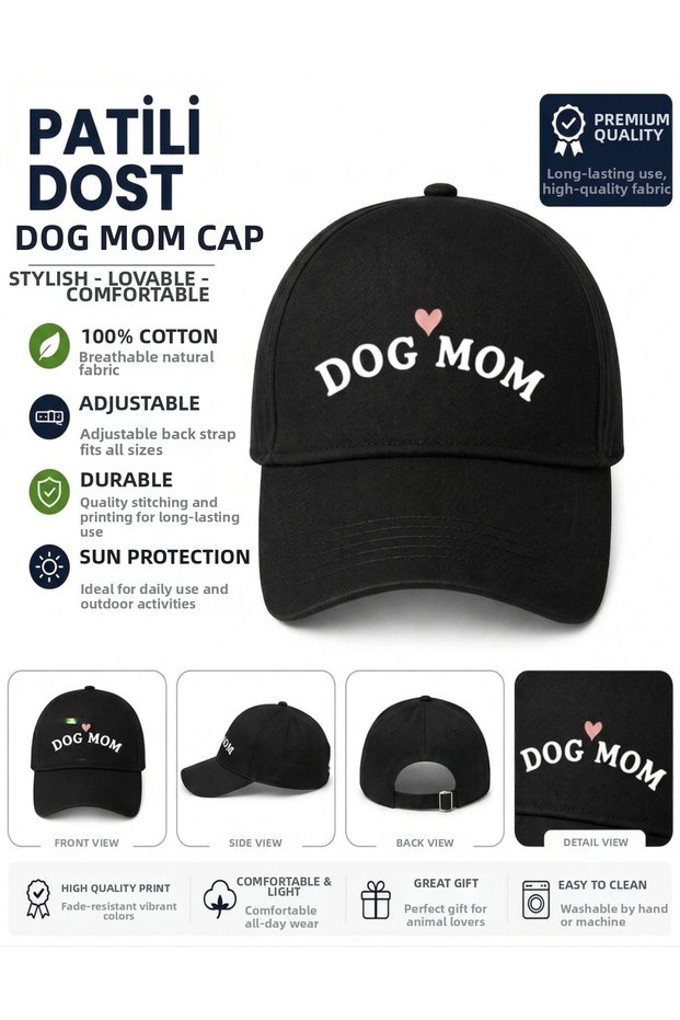 Unisex Dog Mom Printed Hat Black White Color Options - 100% Cotton Adjustable Cap, Custom Heart Dog Mom Design Vibrant Dtf Print Sports Cap
