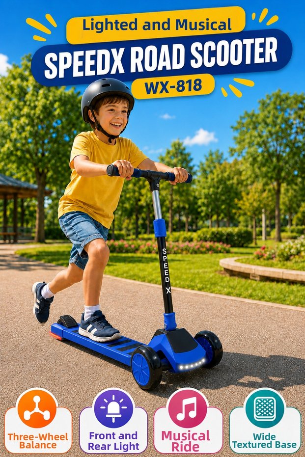 Blue Lighted Musical Speedx Road Scooter Wx-818 3-Wheel Children's Scooter with Wide Textured Base