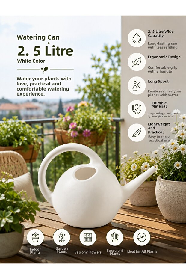 Garden Watering Can Round Design Flower Watering Container White 2.5 Liters