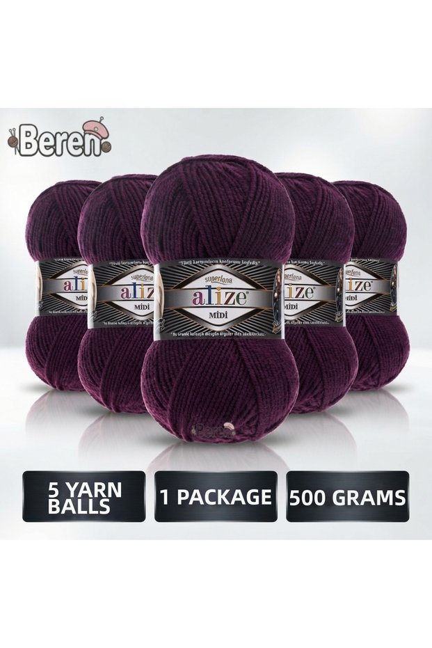 Süperlana Midi - 111 Mürdüm - 5-Pack - 100Gr/170M - Hand Knitting Yarn - Scarf Cardigan Vest Sweater Shawl Yarn