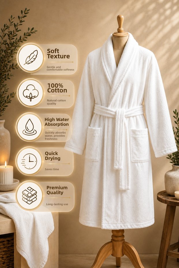 100% Cotton Unisex White Bathrobe Soft Textured High Water Absorbent Quick Drying Bathrobe with Pockets