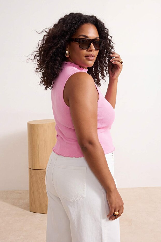 Wardrobe Essentials-Açık Pembe Fitted Düğmeli Esnek Örme Büyük Beden Bluz TBBSS26AF00183 - 3