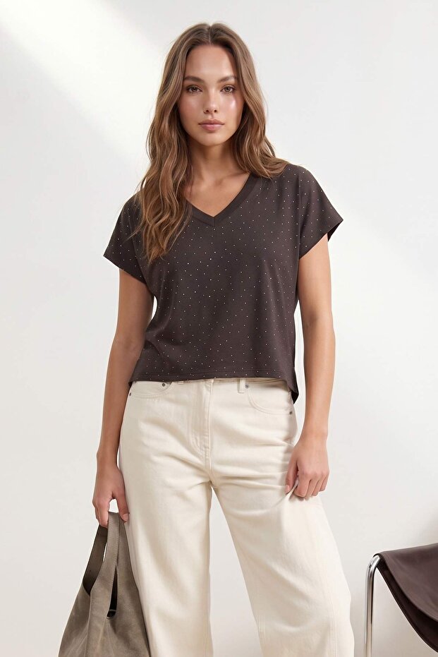 Dark Brown Premium Lyocell Content V-Neck Short Accessory Detailed Knitted Blouse Twoss26Bz00716