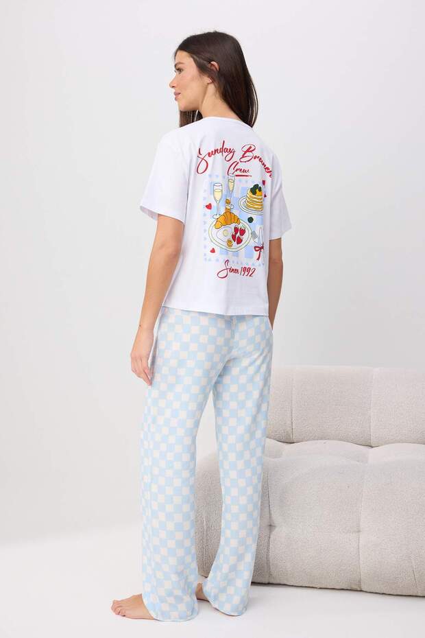 Ekru-Mavi %100 Pamuklu Baskılı ve Ekoseli Örme Pijama Takımı THMSS26PT00097 - 4
