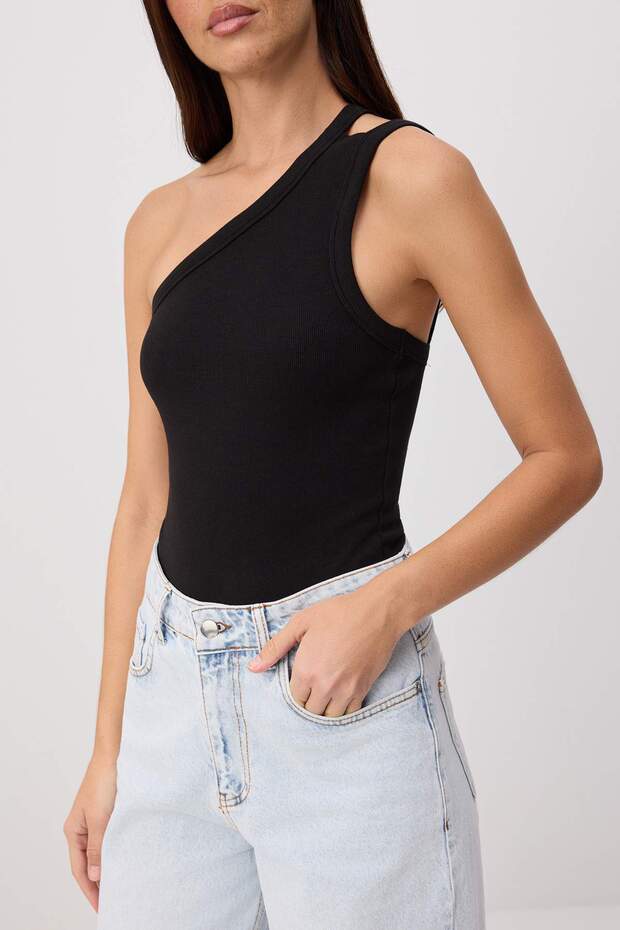 Siyah Vücuda Oturan Asimetrik Yaka Kolsuz Çıtçıtlı Fitilli Esnek Örme Body TWOSS26BD00032 - 3