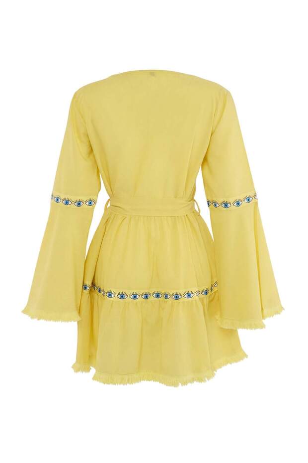 Sarı Kuşaklı Mini Dokuma Volanlı Plaj Elbisesi TBESS21EL1253 - 7