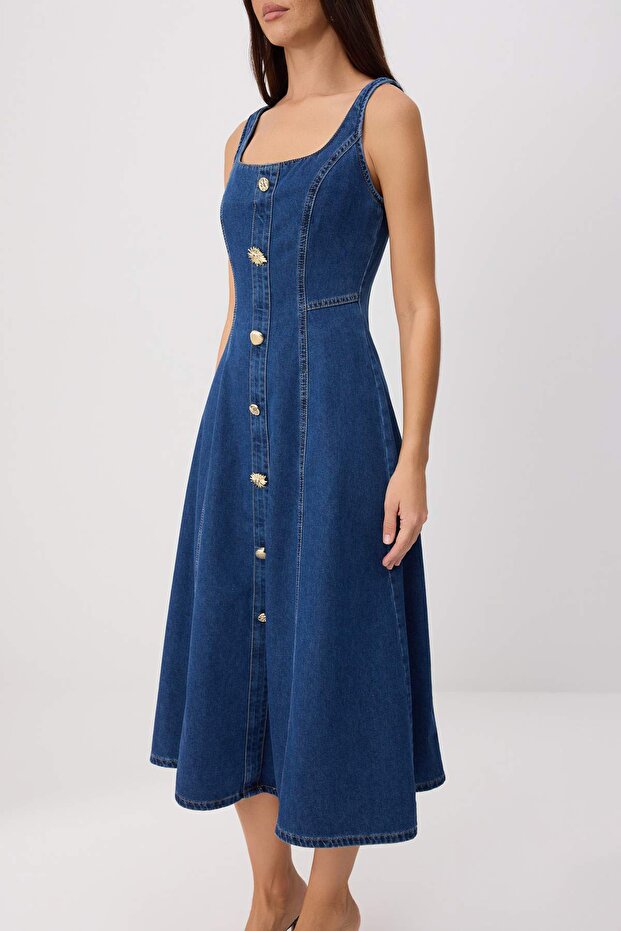 Lacivert Düğme Detaylı Askılı Maxi Denim Elbise TWOSS26EL00952 - 3