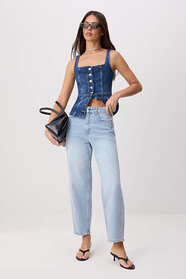 Buz Mavisi Dikiş Detaylı Yüksek Bel Az Esnek Barrel Jeans TWOSS26JE00306
