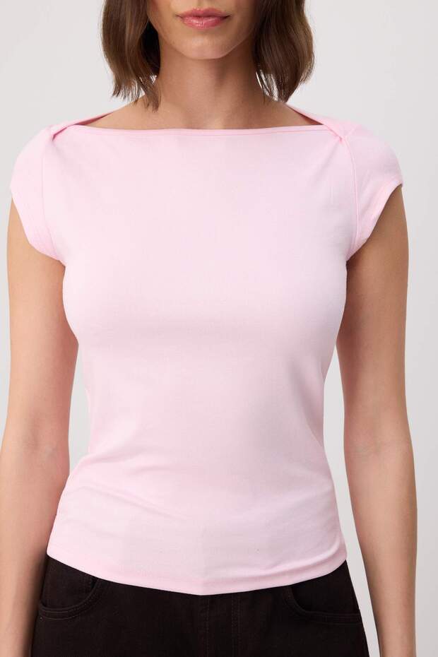 Açık Pembe Fitted/Vücuda Oturan Kayık Yaka Kısa Kollu Yumuşak Örme Bluz TWOSS26BZ00518 - 3