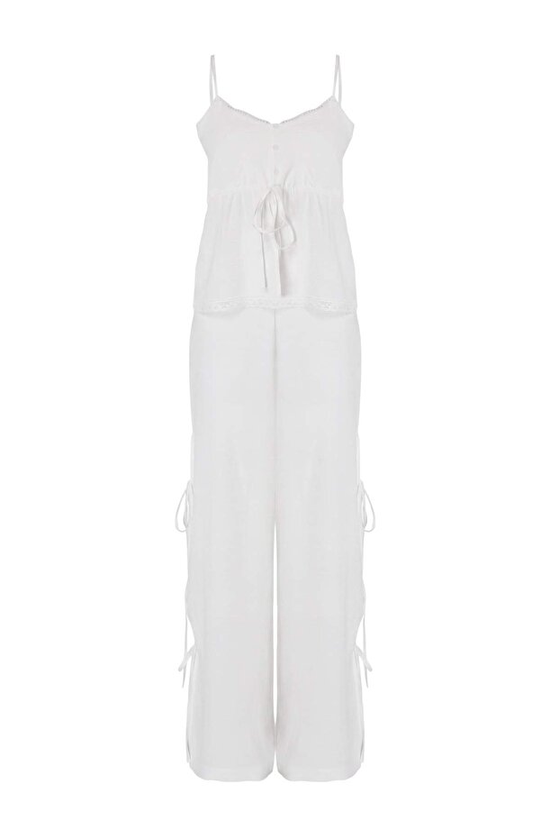 Ekru Dokuma Maxi Plaj Bluz Pantolon Takım TBESS26AU00086 - 5
