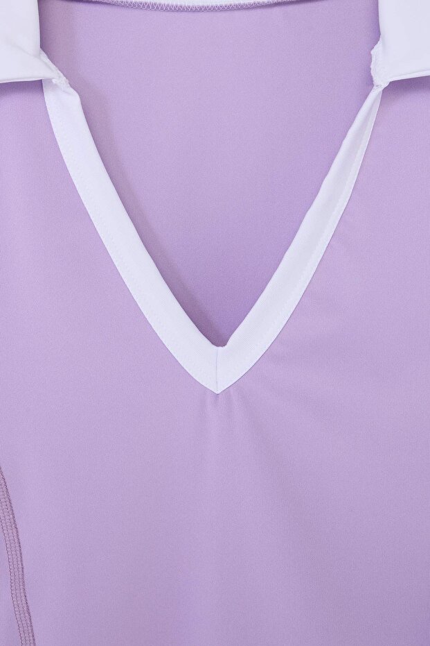 Lila Polo Yaka Dalgıç/Scuba Crop Örme Büyük Beden Spor Üst/Bluz TBBSS26AF00255 - 5