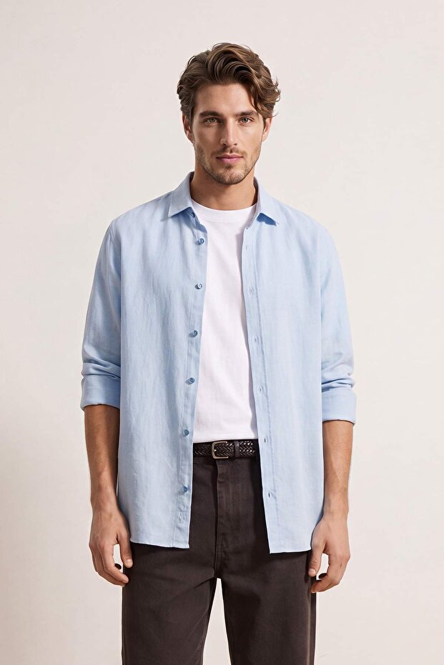 Açık Mavi Regular Fit Apoletli Buruşuk Efektli Keten Görünümlü Gömlek TMNSS23GO00061 - 3