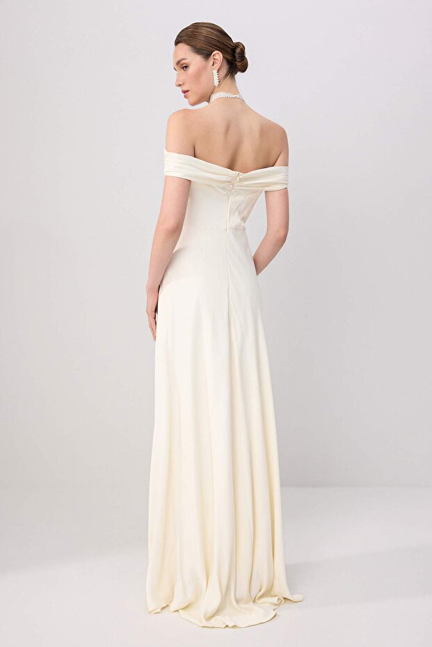 Ekru Drapeli Straplez Dokuma Maxi Elbise TPRSS26EL00209 - 5