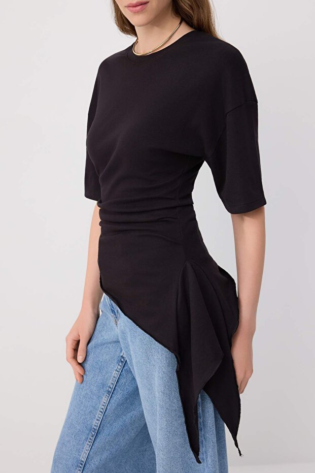 Siyah Fitted/Vücuda Oturan Kısa Kollu Büzgülü Uzun Pamuklu Esnek Örme T-shirt TWOSS26TS00307 - 3
