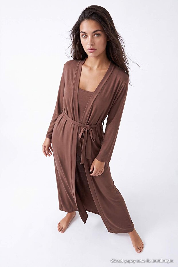 Kahverengi 3'lü Viskon Sabahlık+Atlet+Pantolon Örme Pijama Takımı THMAW27PT00005 - 3