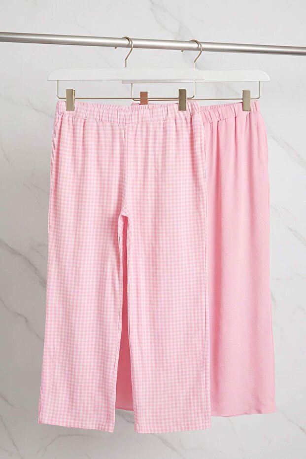 Pembe Kareli/Puantiyeli 2'li Paket Örme Büyük Beden Pijama Altı TBBAW27IA00004 - 1