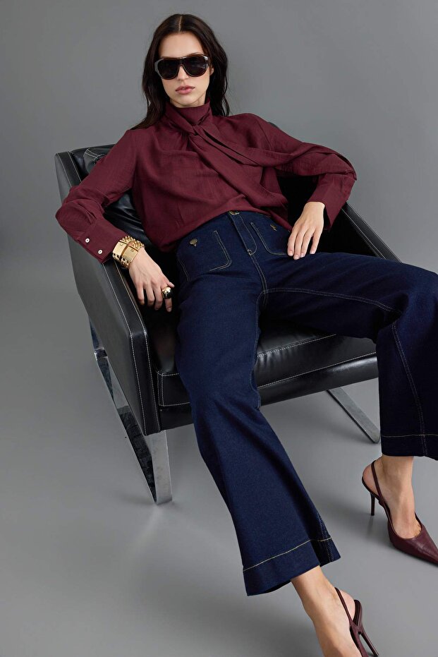 Koyu Mavi Orta Esnek Cep Detaylı Yüksek Bel Wide Leg Jeans TWOAW27JE00045
