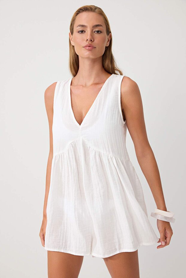 Ecru Woven Mini 100% Cotton Muslin Beach Jumpsuit Tbess26Tu00003
