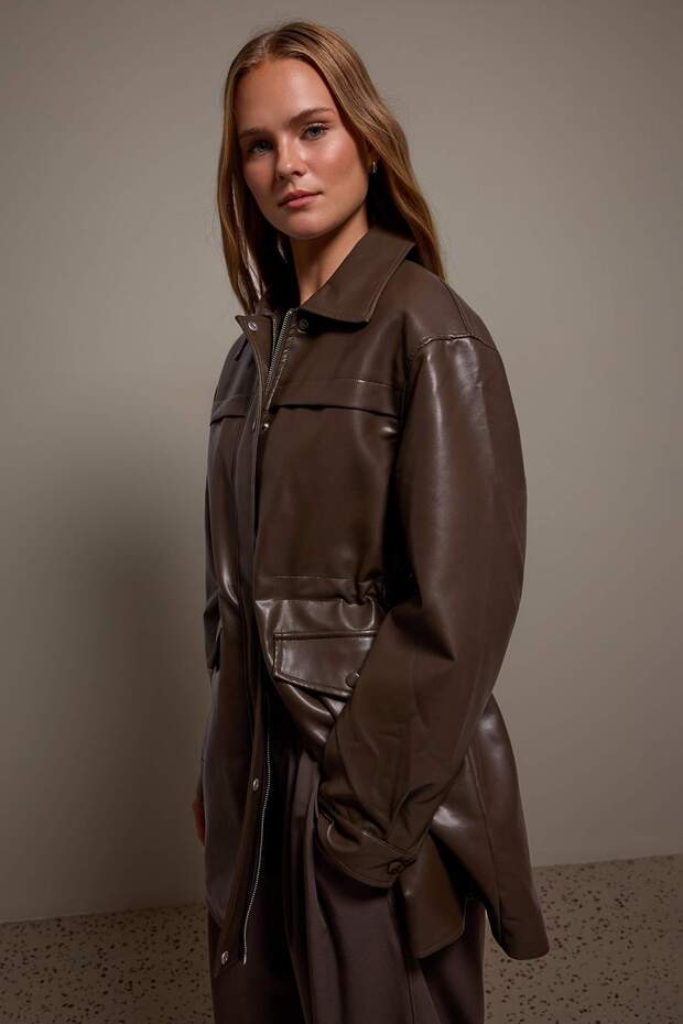 Dark Brown Oversize Midi Length Faux Leather Zippered Trench Coat Twoaw27Tr00007