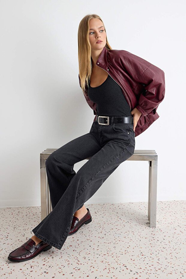 Antrasit Yüksek Bel Wide Leg Geniş Paça %100 Pamuk Non-Stretch Jeans TWOAW24JE00089 - 3
