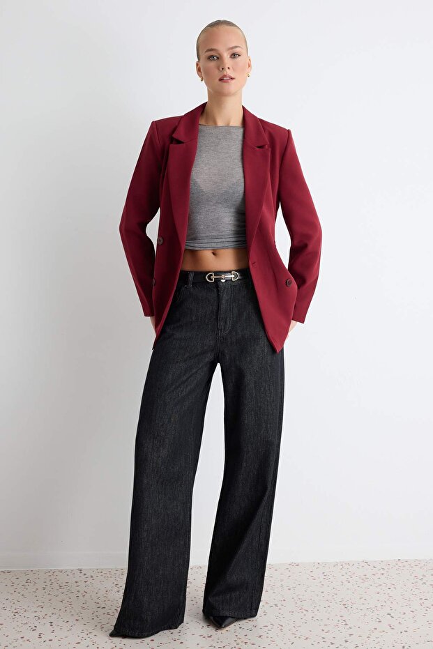 Bordo Regular Astarlı Kruvaze Kapama Dokuma Blazer Ceket TWOAW21CE0264 - 2