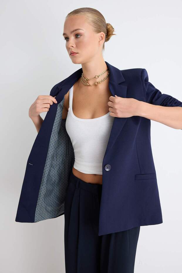 Lacivert Regular Gri Geometrik Desenli Astarlı Tek Düğmeli Cepli Dokuma Blazer Ceket TWOAW20CE0316 - 2