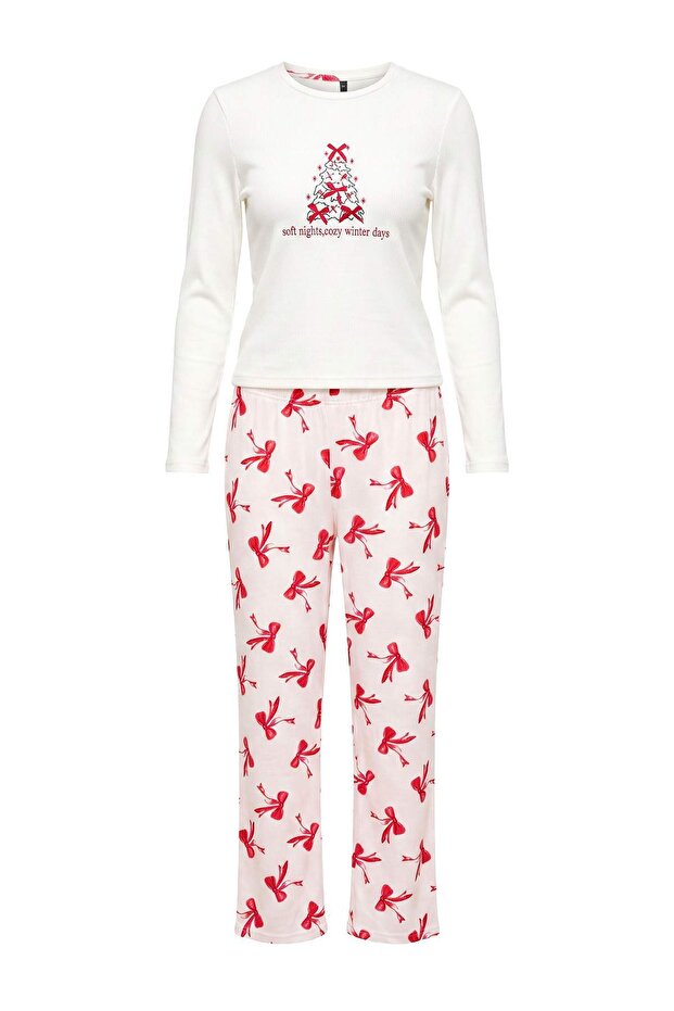 White Christmas and Ribbon Patterned Soft Tuşe Winter Waffle Knitted Pajama Set Thmaw27Pt00052