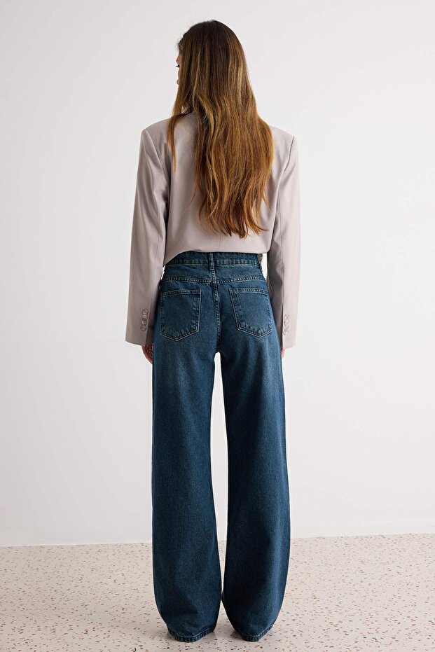 Koyu Mavi Soluk Efekt Vintage Yüksek Bel Wide Leg Geniş Paça %100 Pamuk Jeans TWOSS24JE00080 - 4
