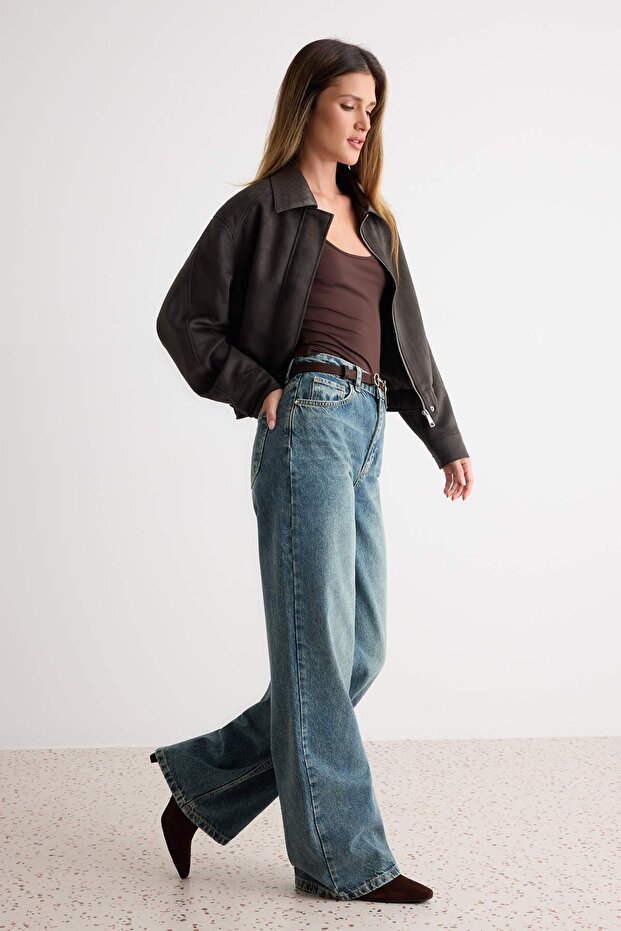 Mavi Soluk Efekt Vintage Yüksek Bel Wide Leg Geniş Paça %100 Pamuk Non-Stretch Jeans TWOAW24JE00089 - 2