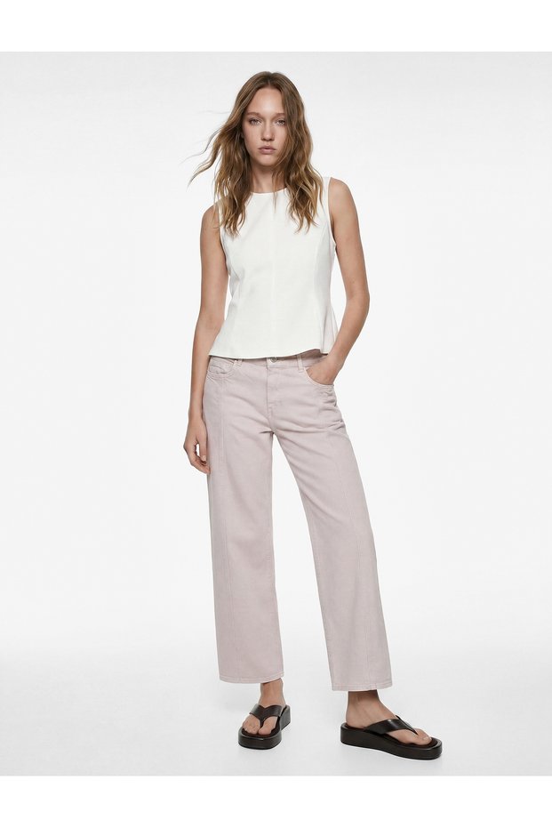 Cotton Low Waist Ribbed Wide Leg Denim Trousers - Wide Leg Jeans