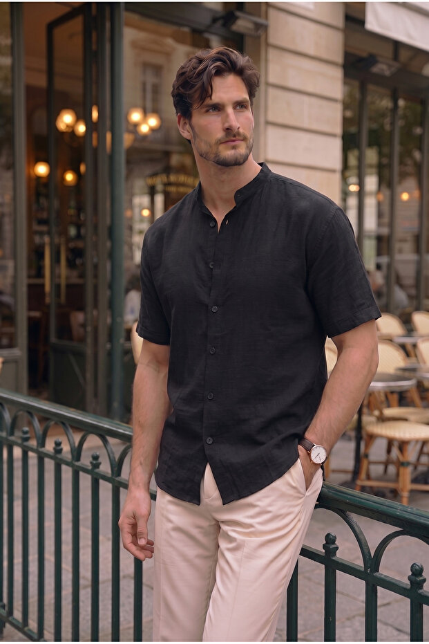 Judge Collar Muslin Fabric Short Sleeve Shirt - Black