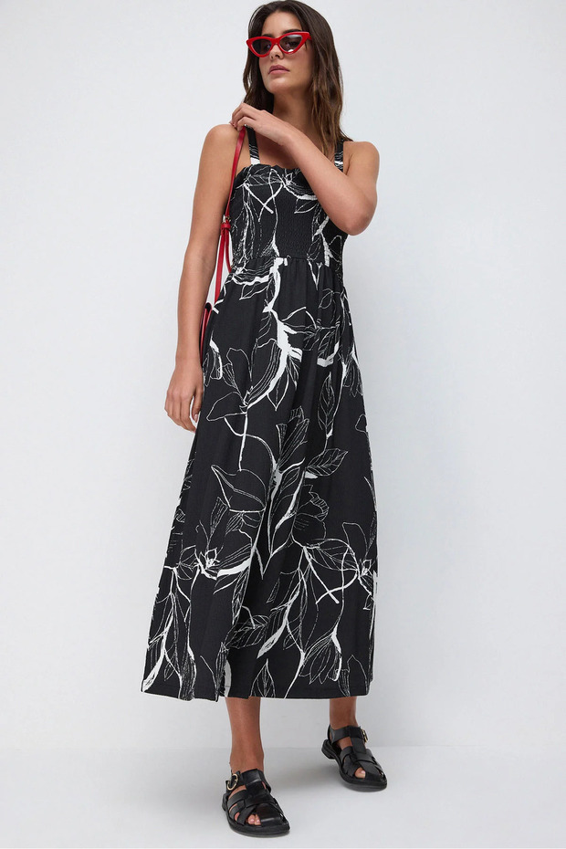 Long Strap Patterned Fabric Dress