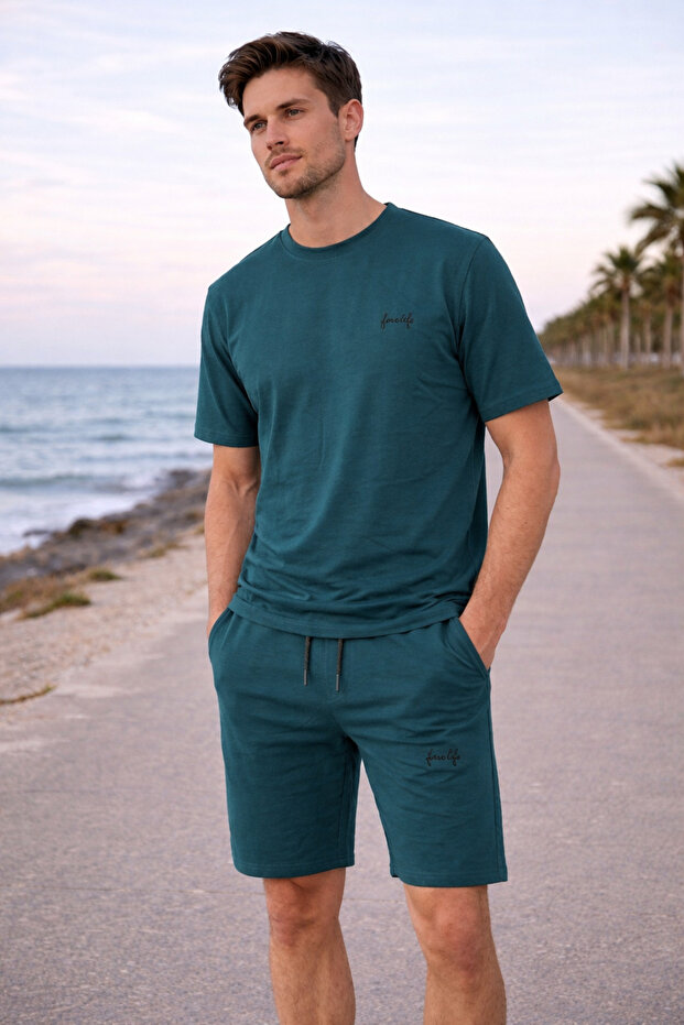 Men's Cotton Crew Neck Pants with Pockets Petrol Blue Shorts T-Shirt Set/ High Quality