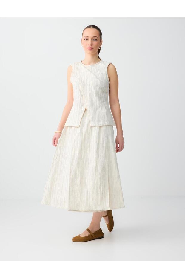 Beige Melange Relaxed Fit Elastic Waist Regular Waist Woven Midi Skirt