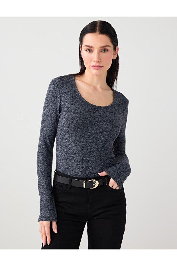 Navy Blue Melange Slim Fit U-Neck Soft Textured Knitted Blouse